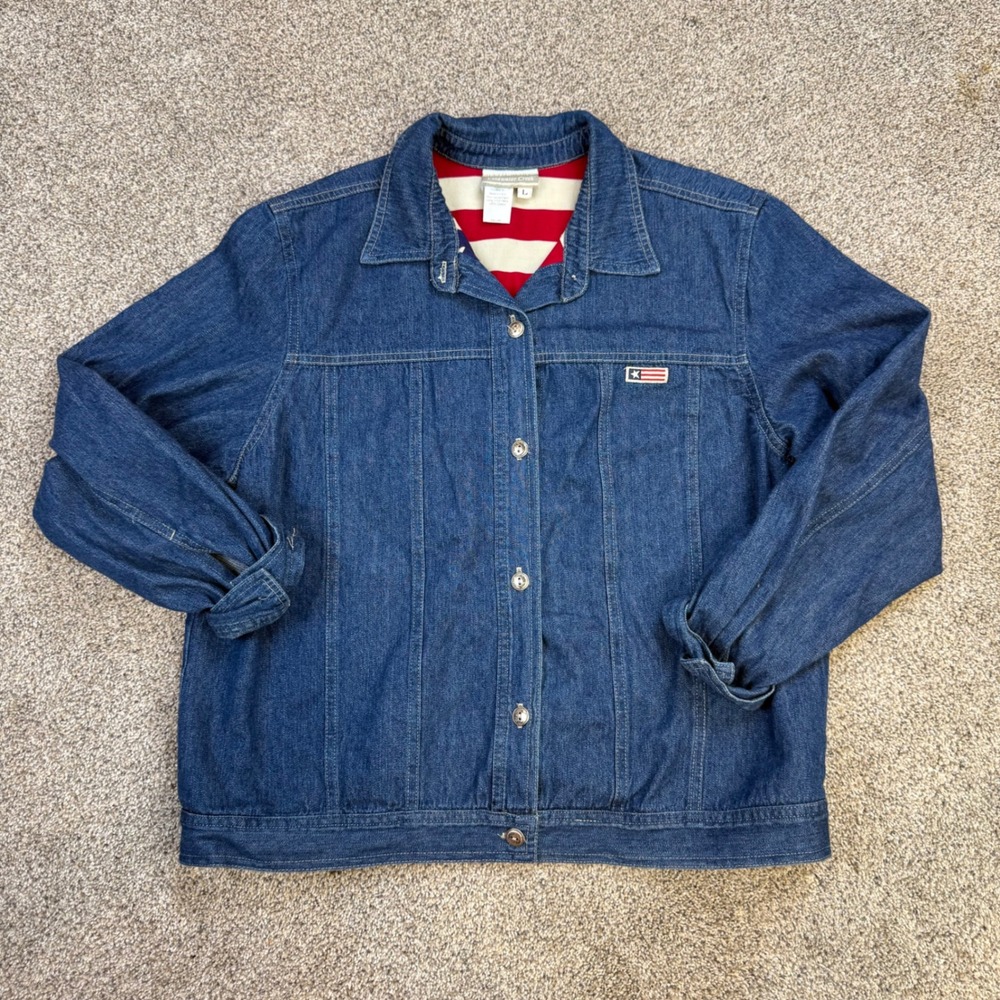 Coldwater Creek Denim Jacket Large Blue Trucker Americana Flag Lining Cotton USA